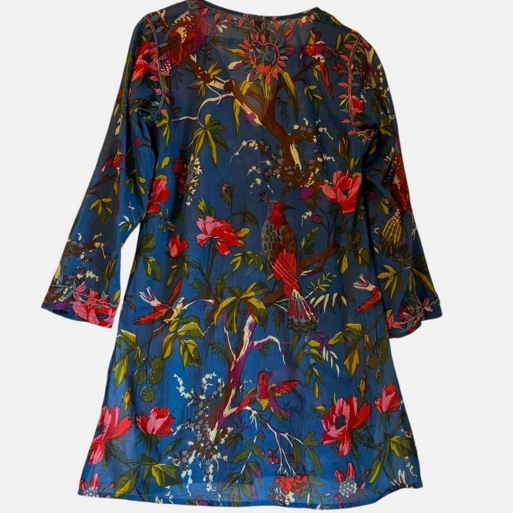 RAJ Embroidered Boho Tunic Dress Swim Cover Up M Unique Floral/Bird Print Hippie - Picture 9 of 10